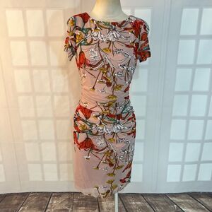 Kay Unger Dusty Pink Floral Short Sleeve Ruched Bodycon Dress Medium